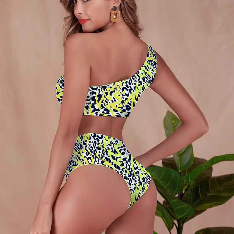 Женский купальник бикини пуш ап с бантиком и принтом высокой талией змеиный на