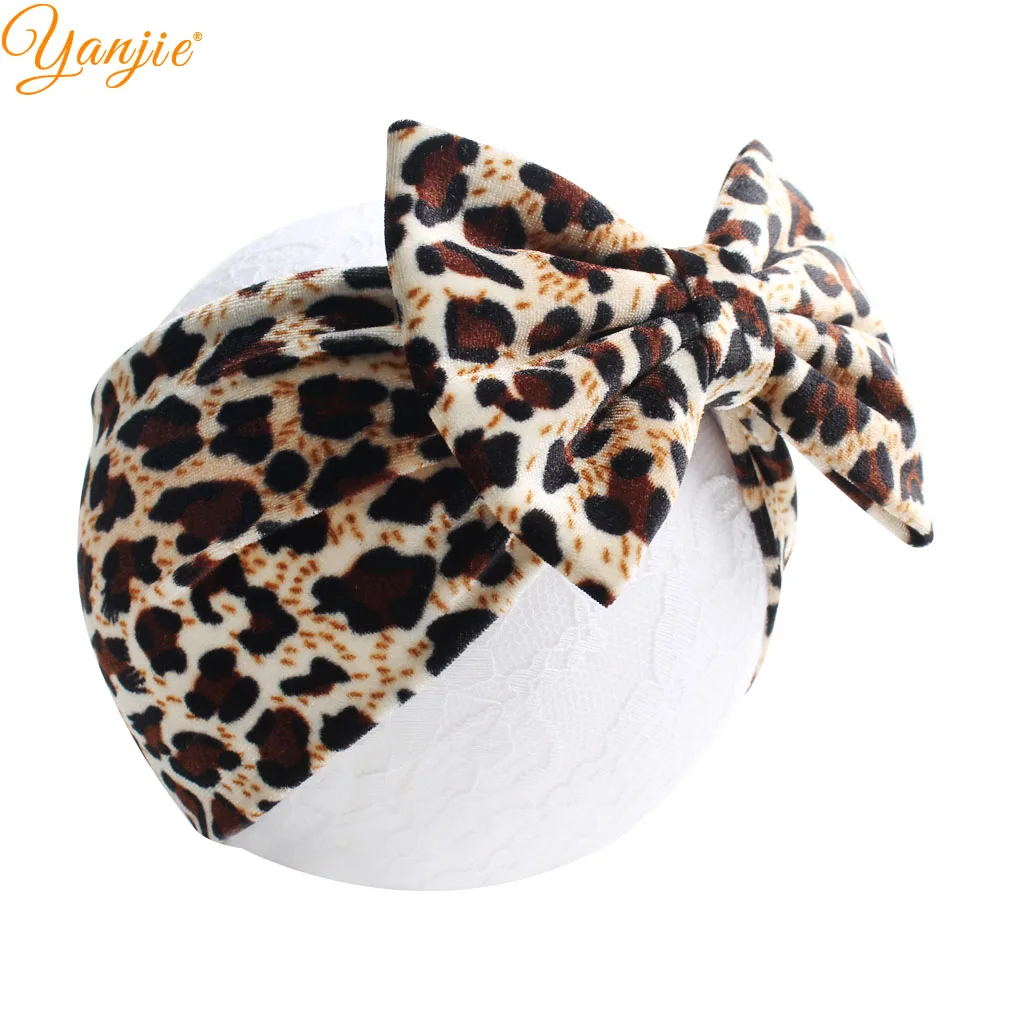 YANJIE Winter Leopard Velvet Solid 5&quot Hair Bows Headband For Girls Trendy Floral Bow Head Wrap Elastic Accessories Turban - купить по