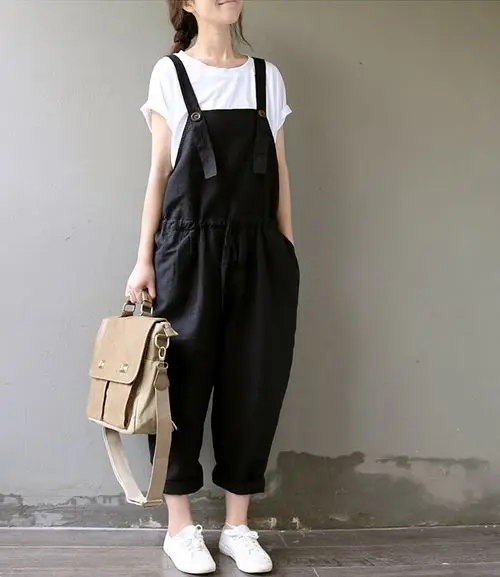 2016 новые Весенние длинные однотонные свободные брюки на подтяжках с карманами