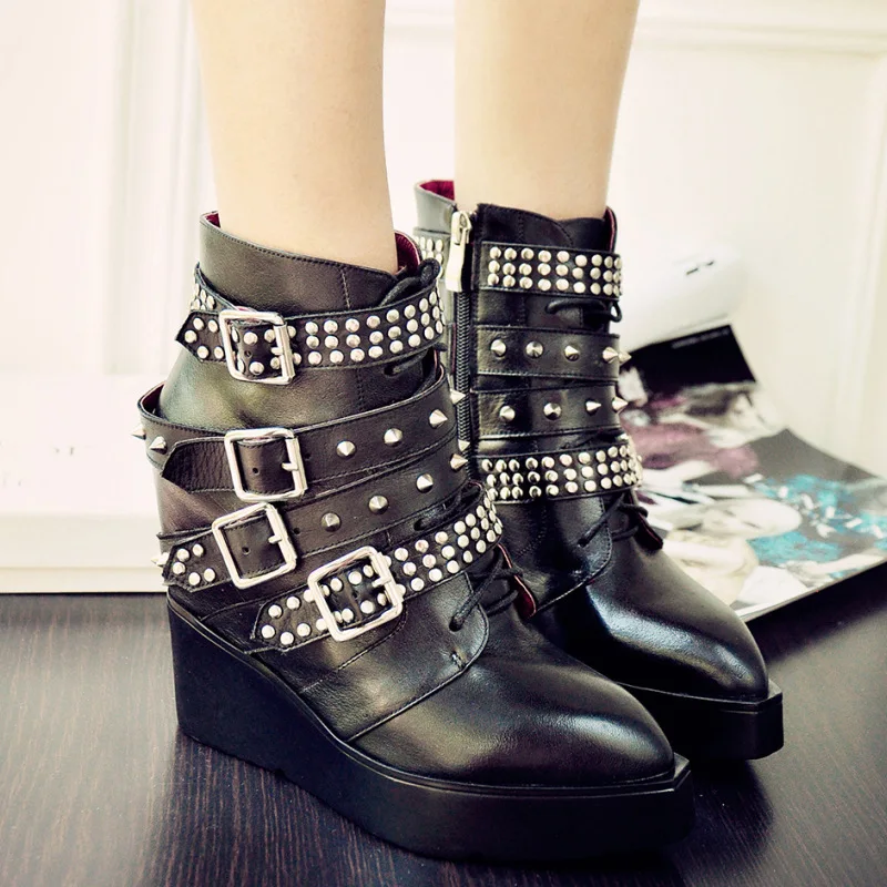 Плюс Размер Лодыжки Осенние Клин Ботинки Женщин Заклепки Полный Зерна Кожи