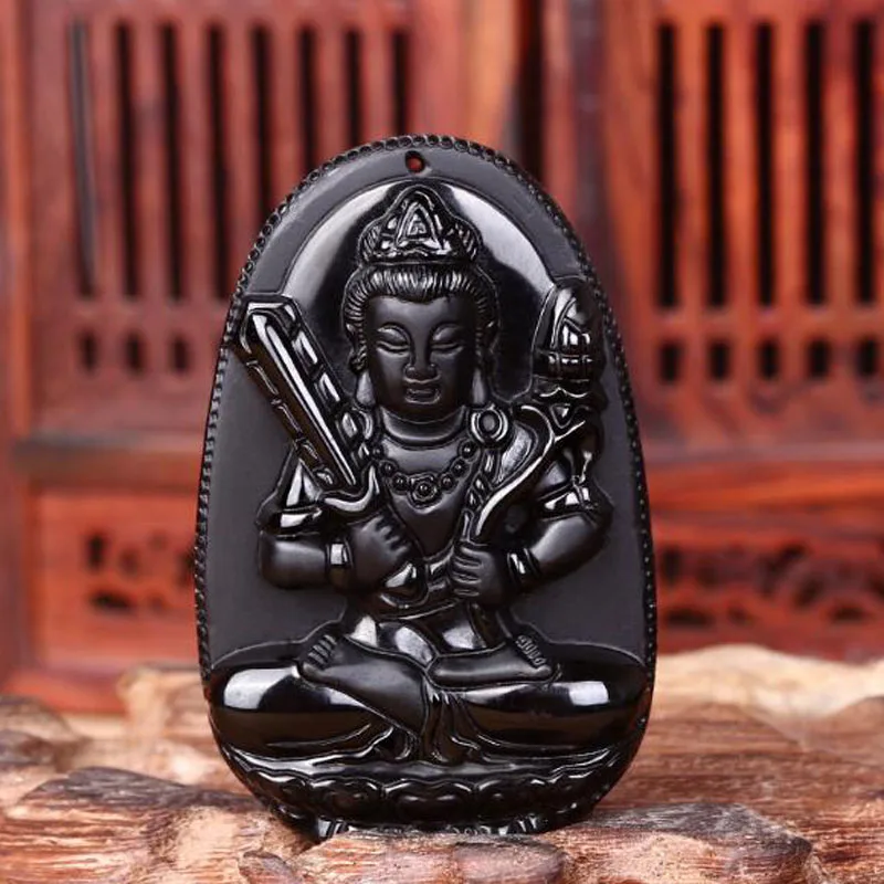 Натуральный черный Обсидиан Резной амулет Guan Yin на удачу кулон ожерелье для