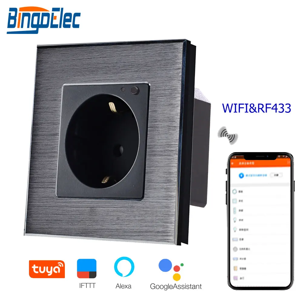 WIFI RF Black Bingoielec Wi-Fi розетка, стандарт ЕС, алюминиевая рама, немецкая настенная розетка, дистанционное управление, RF 433, с беспроводным управлением через приложение Tuya - Тип: WIFI RF Black