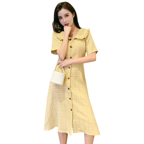 

2019 Korean Vintage Women Dress Loose A-line Plaid Vestido Single Breasted Peter Pan Collar Brief Casual Dresses