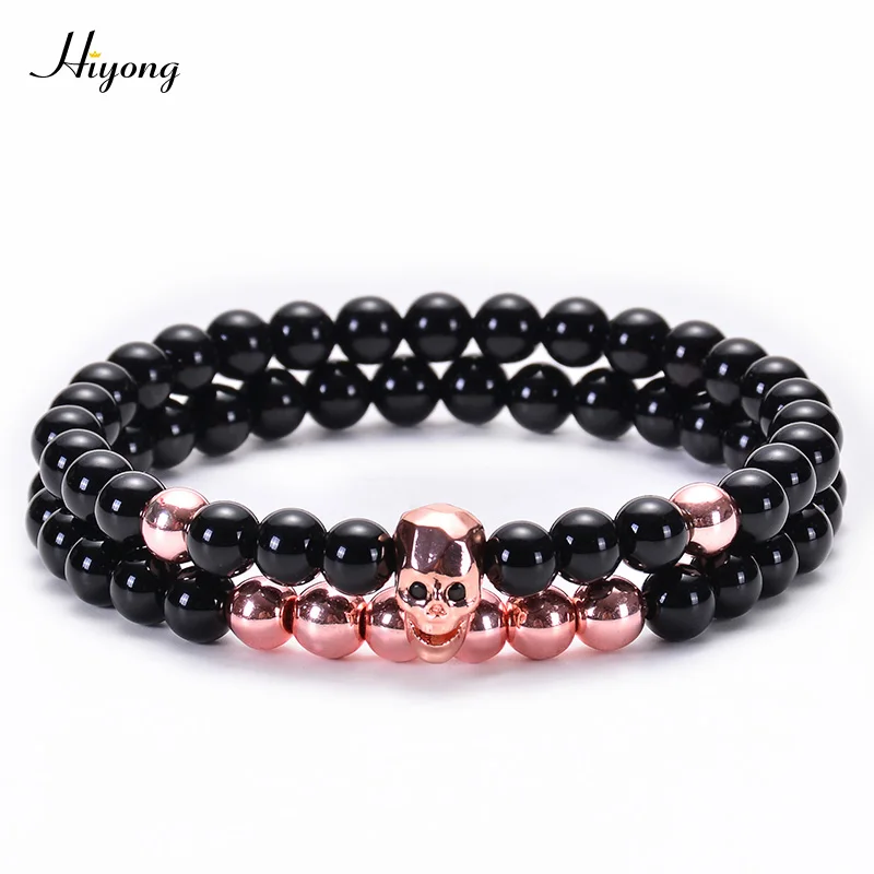 Rose gold Skull HIYONG 2 шт./компл. Шарм Для Мужчин Скелет Череп браслет черный агат гематит браслеты с бусинами из натурального камня для Для мужчин ювелирные браслеты - Окраска металла: Rose gold Skull