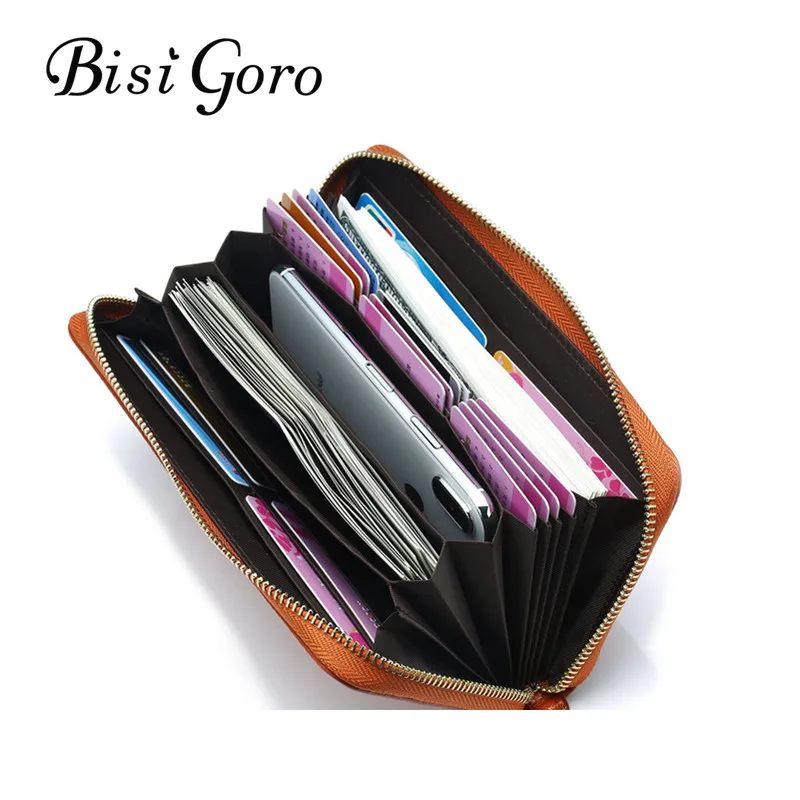 Женский Длинный кошелек BISI GORO вместительный из натуральной кожи на молнии с