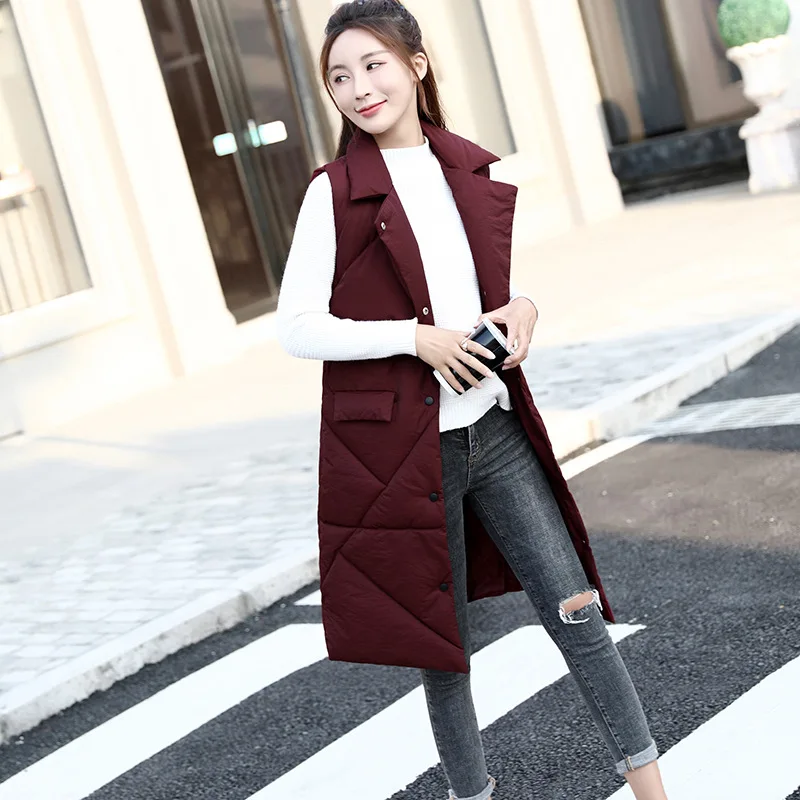 Повседневный осенний длинный жилет с отложным воротником на молнии карманами