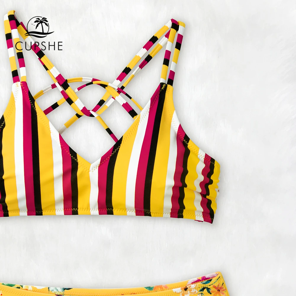 CUPSHE/женские комплекты бикини в желтую полоску с цветочным принтом и ремешками
