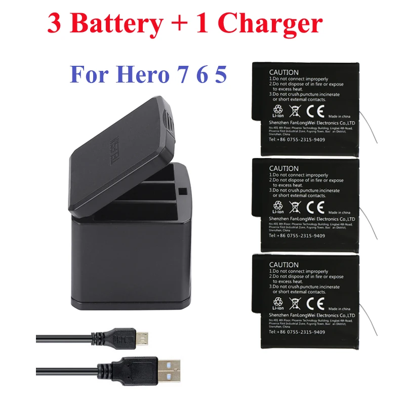 

Go Pro Hero 2018 Hero 8 7 Hero 6 Hero 5 3-hole storage box charger + 3 pcs battery For GoPro 8 7 Black camera accessories