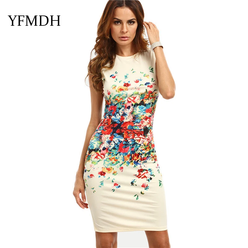 Женское облегающее платье без рукавов с разноцветным принтом элегантное