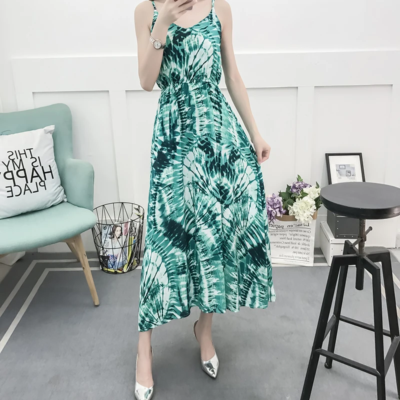 Летнее женское платье на бретельках Boho хлопковое пляжное без рукавов с цветами