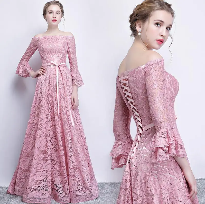 Dusty Pink JaneVini элегантные пыльно-розовые женские платья для подружки невесты с 3/4 рукавами кружевное платье трапециевидной формы с открытыми плечами праздничное платье - Цвет: Dusty Pink