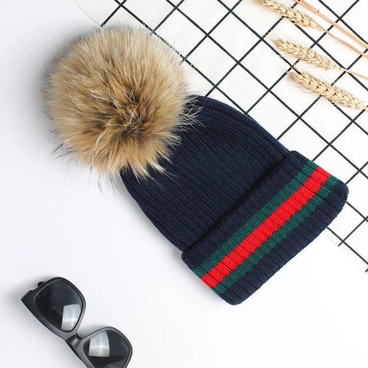 Серая норковая шарик из меха енота шапка помпоны зимняя женская девочка Вязаная