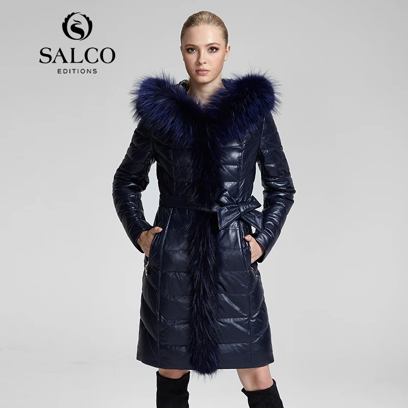 

SALCO 2016 the latest European and American dress raccoon fur collar ladies leather hooded down jacket and long sections