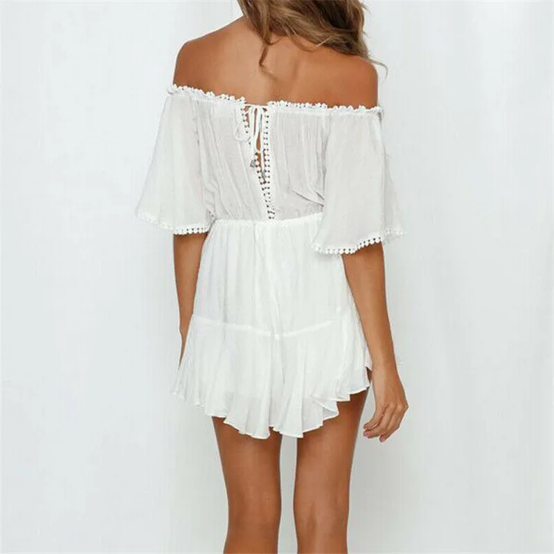 Женский кружевной комбинезон в стиле бохо 2019 белый облегающий пляжный