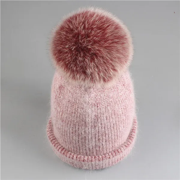 wine fox fur Xthree новая простая зимняя шапка из кроличьего меха, шапка с натуральным мехом, шапка с помпоном для женщин, цветная шапка Skullies, теплая Женская шапка - Цвет: wine fox fur