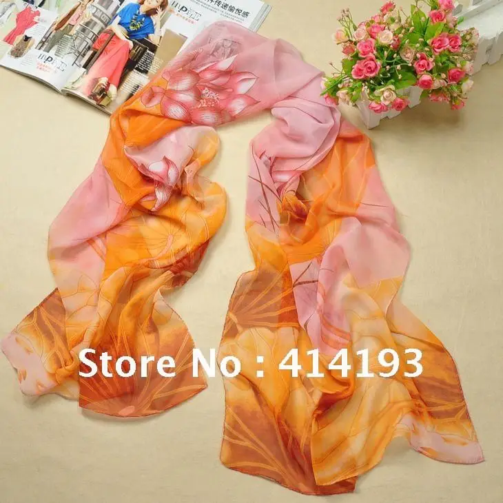 160x50cm 3 Colors Silky Chiffon Good Quality Fresh Lotus Pattern Elegant and Fashion Women's Scraf Free Shipping 2PY16 | Аксессуары