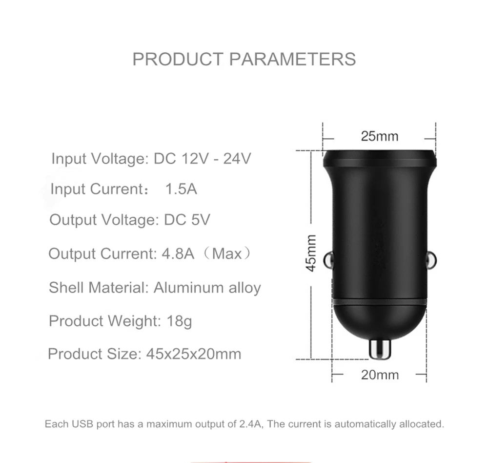 Автомобильное зарядное устройство ROCK 5V 4.8A с двумя USB разъемами для iPhone X 8 7 6 samsung Xiaomi, быстрая зарядка, мини металлическое автомобильное зарядное устройство, 2 порта, 24 Вт