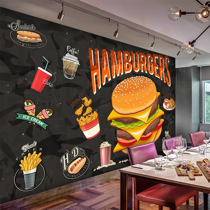 

Custom Any Size murals 3D Western Burger Fried Chicken Fast Food Restaurant Food Wallpaper Restaurant Corridor Mural Wallpaper