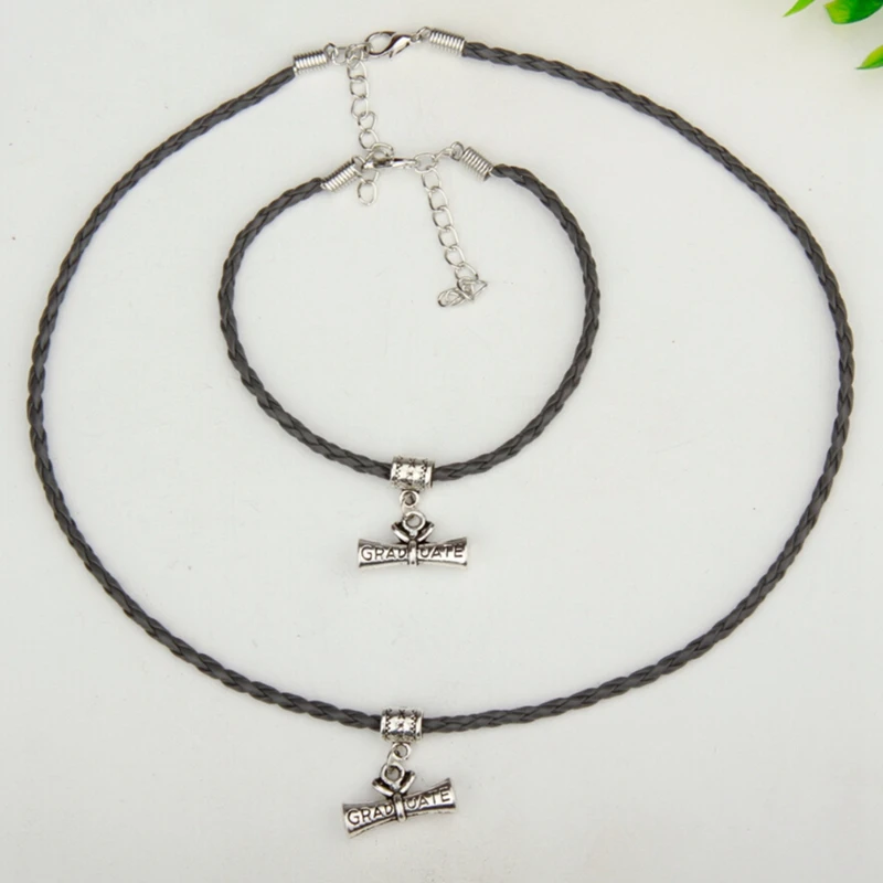 Hot 6set/lot Antique Silver Graduate Diploma Charm Pendant Multi Braided Leather Rope Necklace Bracelets Set Women Jewelry A258 | Украшения