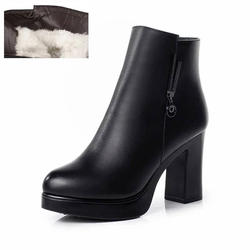 black wool AIYUQI; Новинка года; женские ботинки из натуральной кожи; австралийская Мода; плотная шерсть; теплые женские зимние ботинки; женские Ботинки martin на высоком каблуке - Цвет: black wool