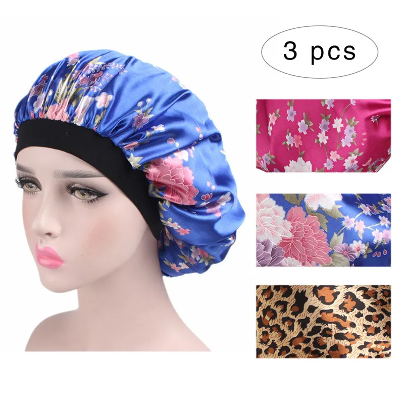 A 3PCS 1/2/3 шт. эластичные 58 см модные женские туфли душ Кепки атласная ночная рубашка сна шапочка для душа головной убор шляпа Шелковый головных уборов; широкая эластичная резинка - Цвет: A 3PCS