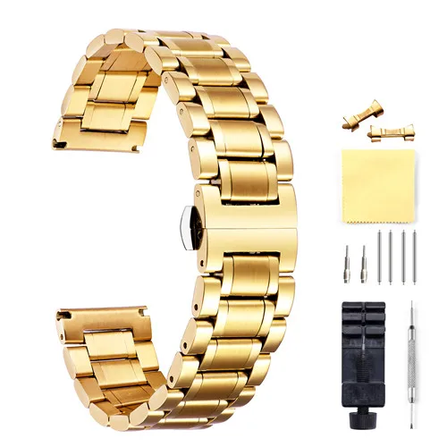 Gold BINLUN, нержавеющая сталь, ремешок для часов, 12-22 мм, черный, золотой, серебряный, розовое золото, браслет из нержавеющей стали, пряжка, ремешок, адаптер, мужские часы - Цвет ремешка: Gold