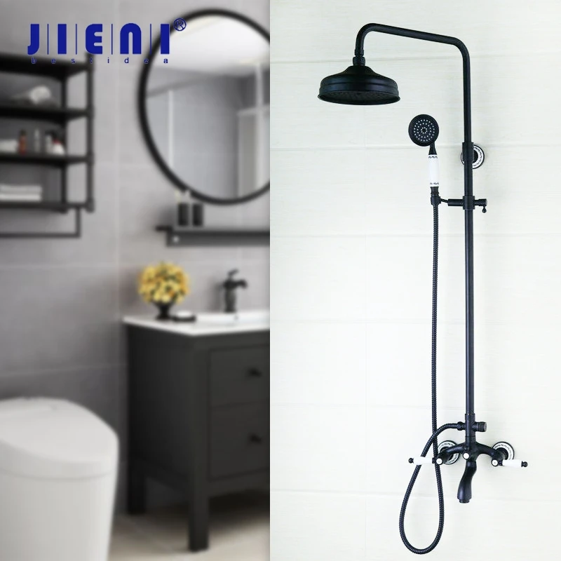 

JIENI Black Bathroom Swivel Round 8 Inch Rainfall Shower Head Heldhead Oil Rubbed Bronze Shower Faucet Set Bathtub Mixer Tap