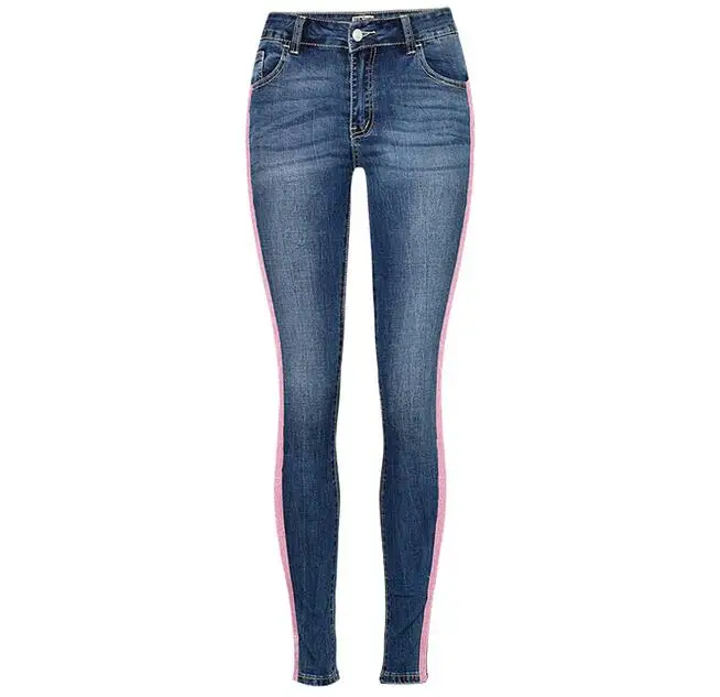 2017 модные облегающие джинсы в полоску сбоку женские эластичные с высокой талией