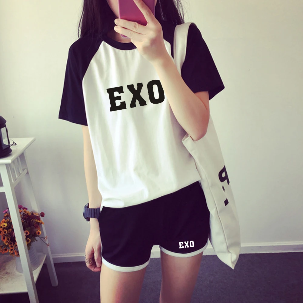 

EXO Women Two piece Set Fashion Summer Raglan Short Sleeve t-shirts +Shorts kpop 2019 Hot Sale Trendy Streetwear Clothes