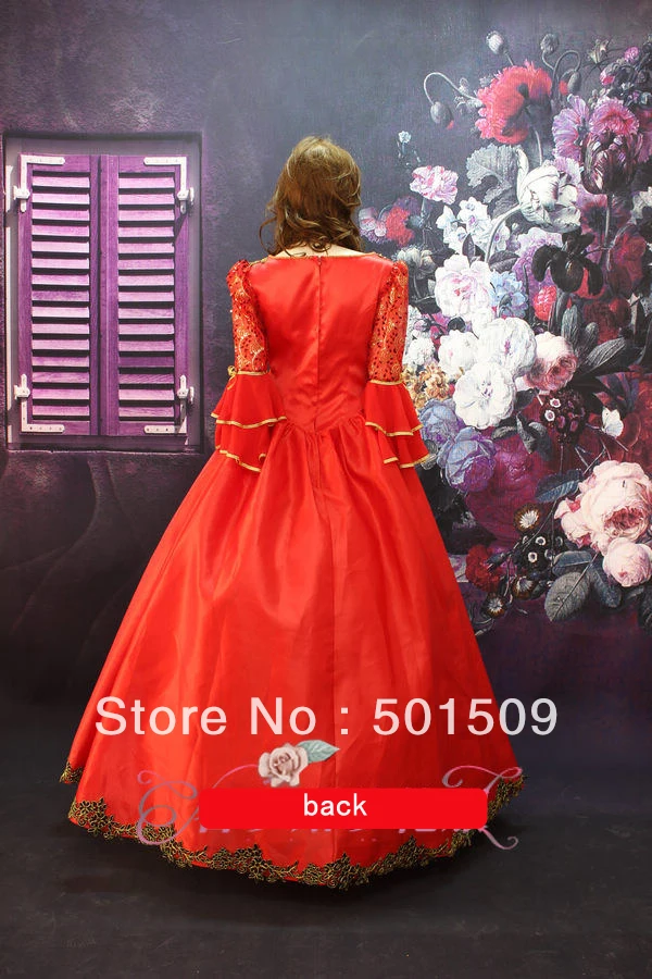 Красное средневековое роскошное платье с вышивкой эпохи Возрождения