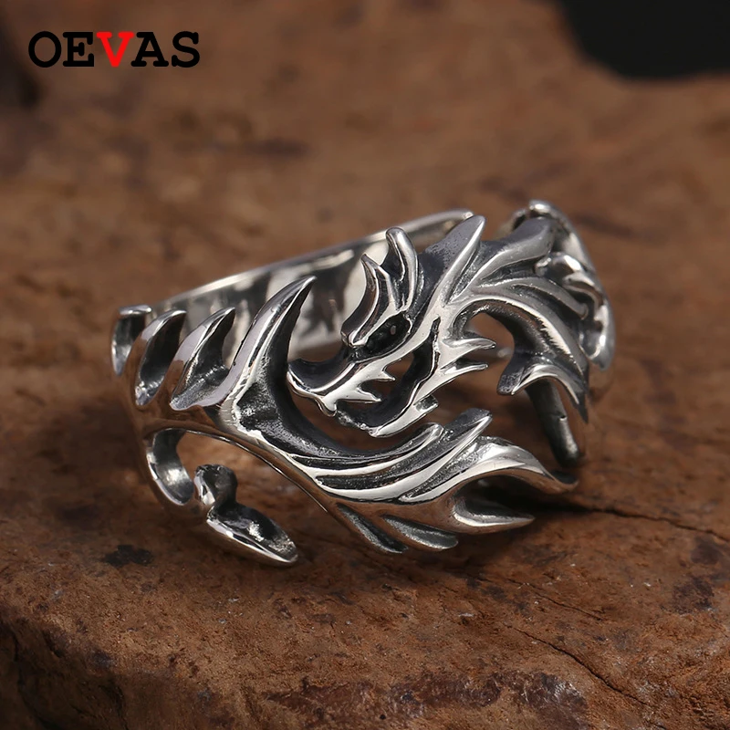 

OEVAS Real 925 Sterling Silver Hollow Out Dragon Rings For Men Top Quality Open Size Gothic Punk Rock Party Thai Silver Jewelry