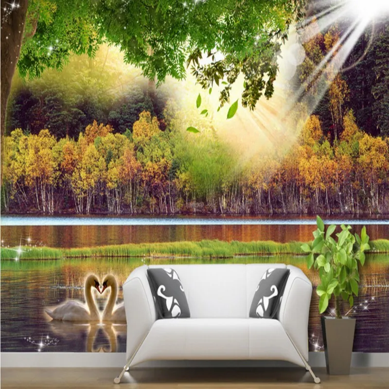 Free Shipping Lake Forest sunshine 3D stereo background wall bedroom lobby hotel mural custom restaurant bathroom wallpaper |