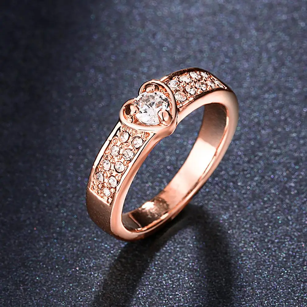 Birthday Valentine's Day Gift Metal Jewelry Finger Rings Romantic Women Crystal Heart Ring Rose Gold Color | Украшения и