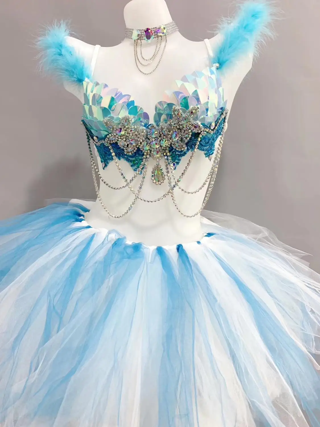 Blue Sequins Rhinestones Bra Mesh TUTU Skirt Sexy Women Set Bar Club Rave Party Dance Outfit Nightclub DJ Singer Costume 2 Piece |