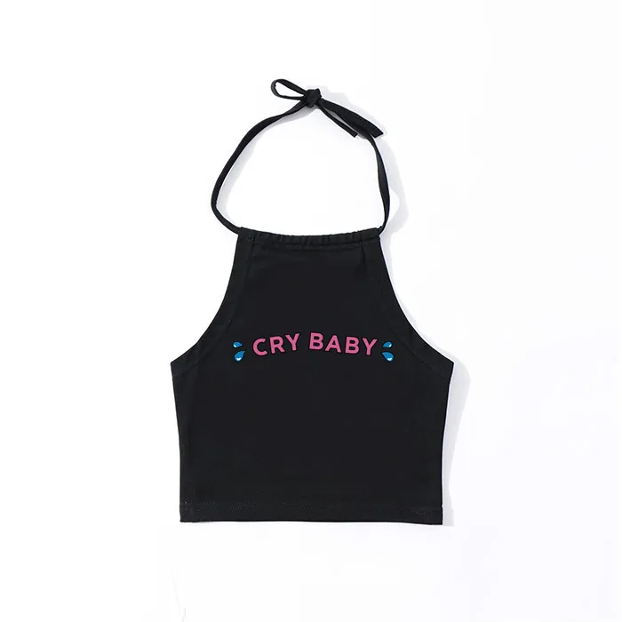 2 Cry Baby/Повседневный короткий топ с лямкой через шею, Новое поступление, майка без рукавов для женщин, белая майка, черная облегающая укороченная майка - Цвет: 2