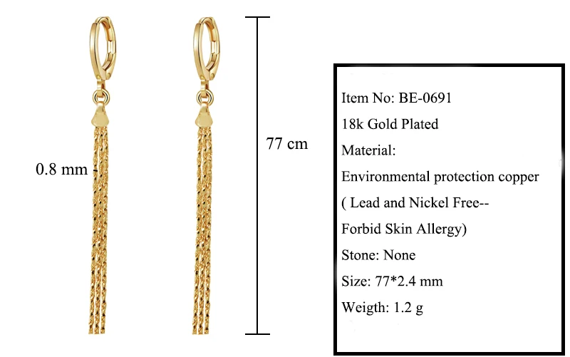 MxGxFam Золото Цвет 18KGP 77 мм кисточкой Висячие серьги Bijoux для женщин Мода XP ювелирные изделия хорошее качество
