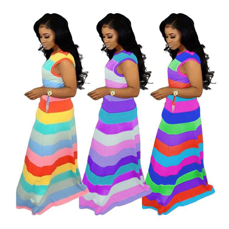 Женские платья летнее Милое сексуальное Повседневное платье в радужную полоску