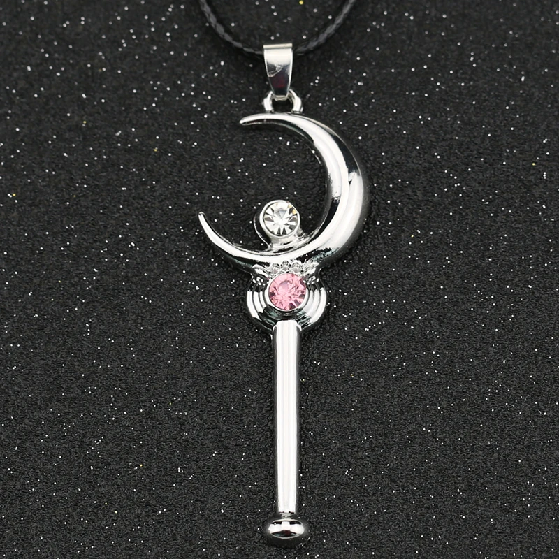 Pretty Soldier Sailors Necklace Moon Stick Magic Wand Silver Color Crystal CZ Pendant Amulet Anime Jewelry Women Girls Wholesale