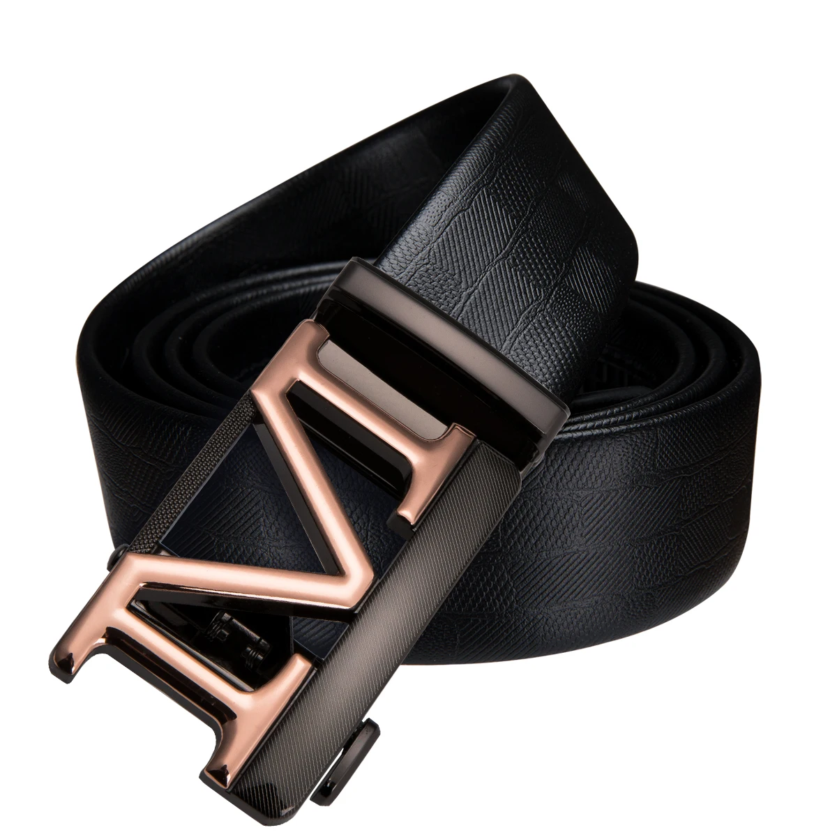 Фото Мужской ремень с автоматической пряжкой Hi-Tie черный из натуральной кожи для