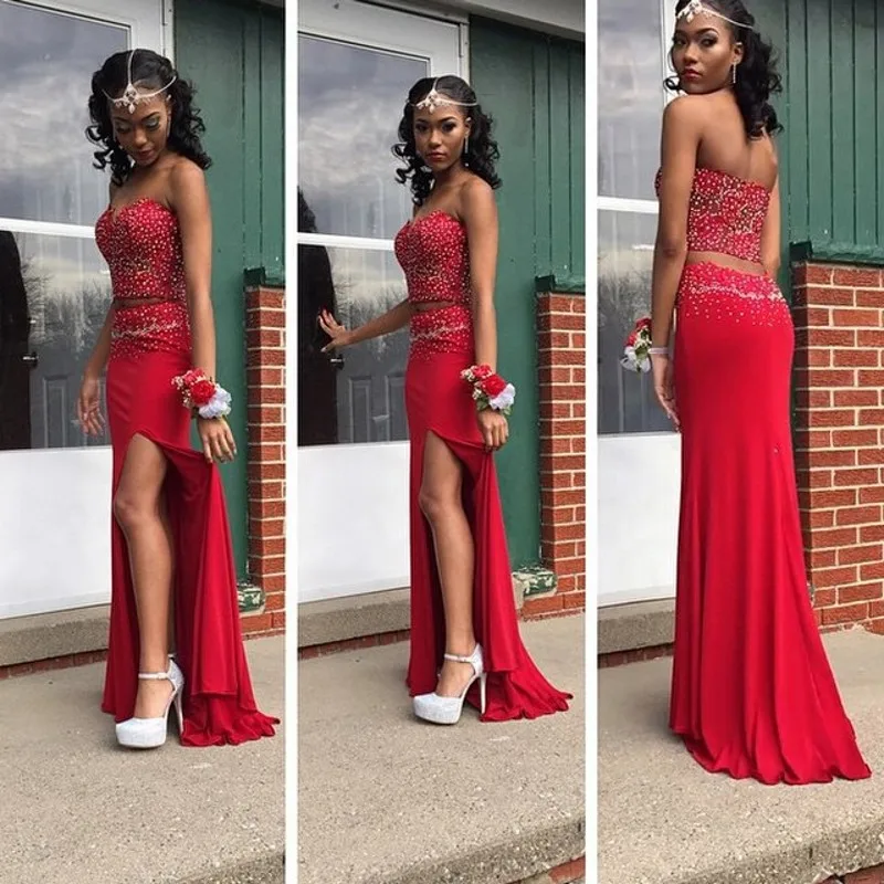 Fast Shipping Sweetheart Crystal Beading Bodice Sheath Red Evening Gowns Front Slit Two Piece Prom Dresses | Свадьбы и торжества