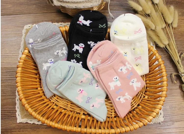 Новинка года Harajuku мультфильм животных Симпатичные Пудель узор хлопок Для женщин Носки для девочек творческий японский Новинка Пасхальный Kawaii Забавный Хэппи Сокс