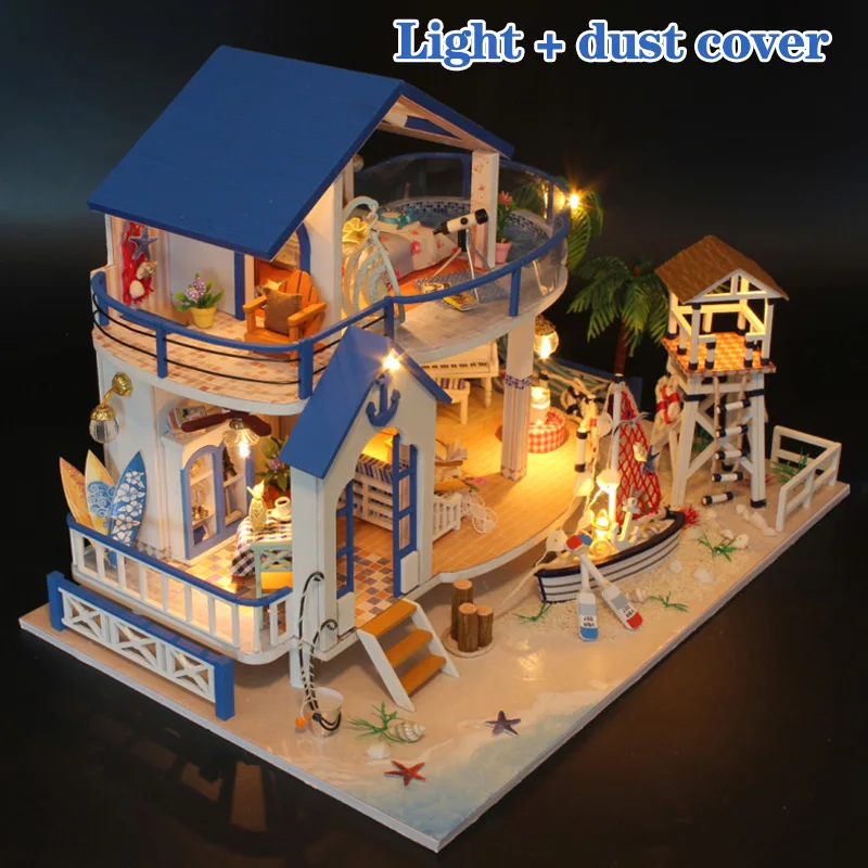DIY деревянный кукольный домик синяя вилла с мебелью дом модель комнаты набор