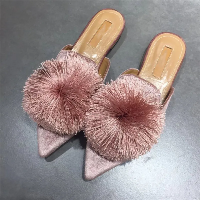 Pink Крышка шарика с бахромой; женские шлепанцы с острым носком; красные шелковые Лоферы без застежки; модная верхняя одежда без застежки; Черная Женская обувь с кисточками - Цвет: Pink