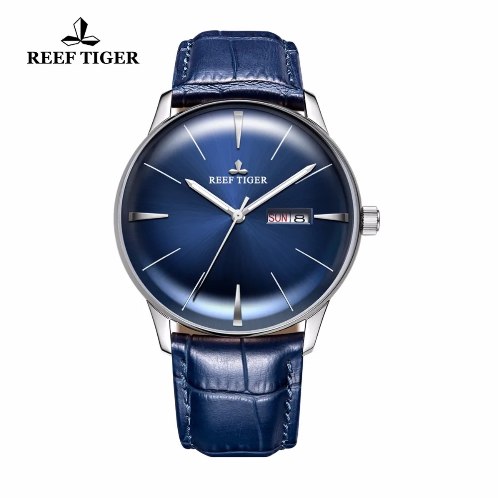 

Reef Tiger/RT Dress Mens Watch Blue Dial Steel Genuine Leather Strap Convex Lens Watches Automatic Analog Watches RGA8238