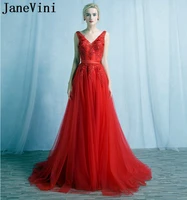 janevini elegant v neck red bridesmaid dress long backless lace appliques sequined bridal wedding party dress tulle a line gown