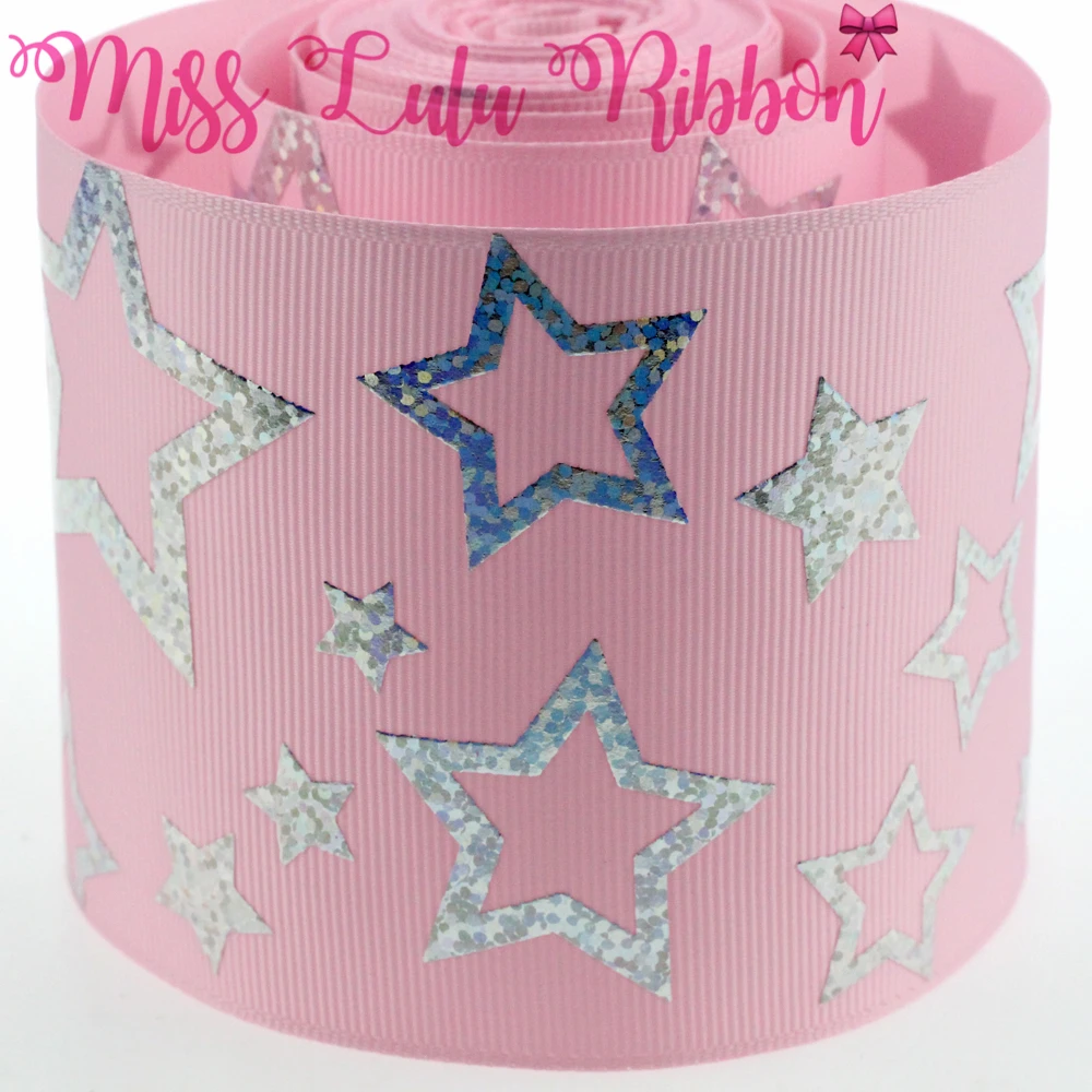 3&quot75mm Star Hologram Silver Foil Solid Color Grosgrain Ribbon DIY Gift Bowknots Hair Band Making 5yards/roll #123 | Дом и сад