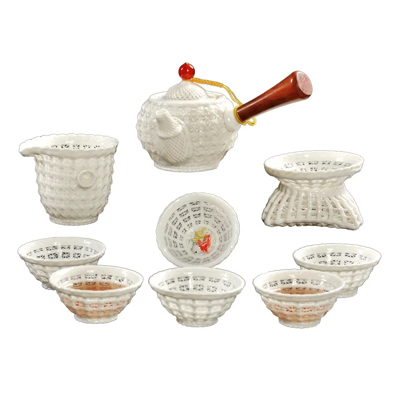 

Creative Hand-woven Porcelain tea set Exquisite hollow ceramic Kung Fu tea set Dehua white porcelain tea set high-end tea gift
