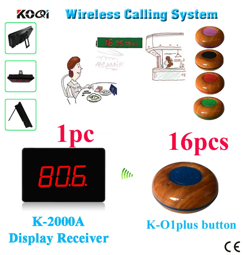 Restaurant table ring bell system 16 guest buzzers with 1pc 3-digit number screen 433.92mhz