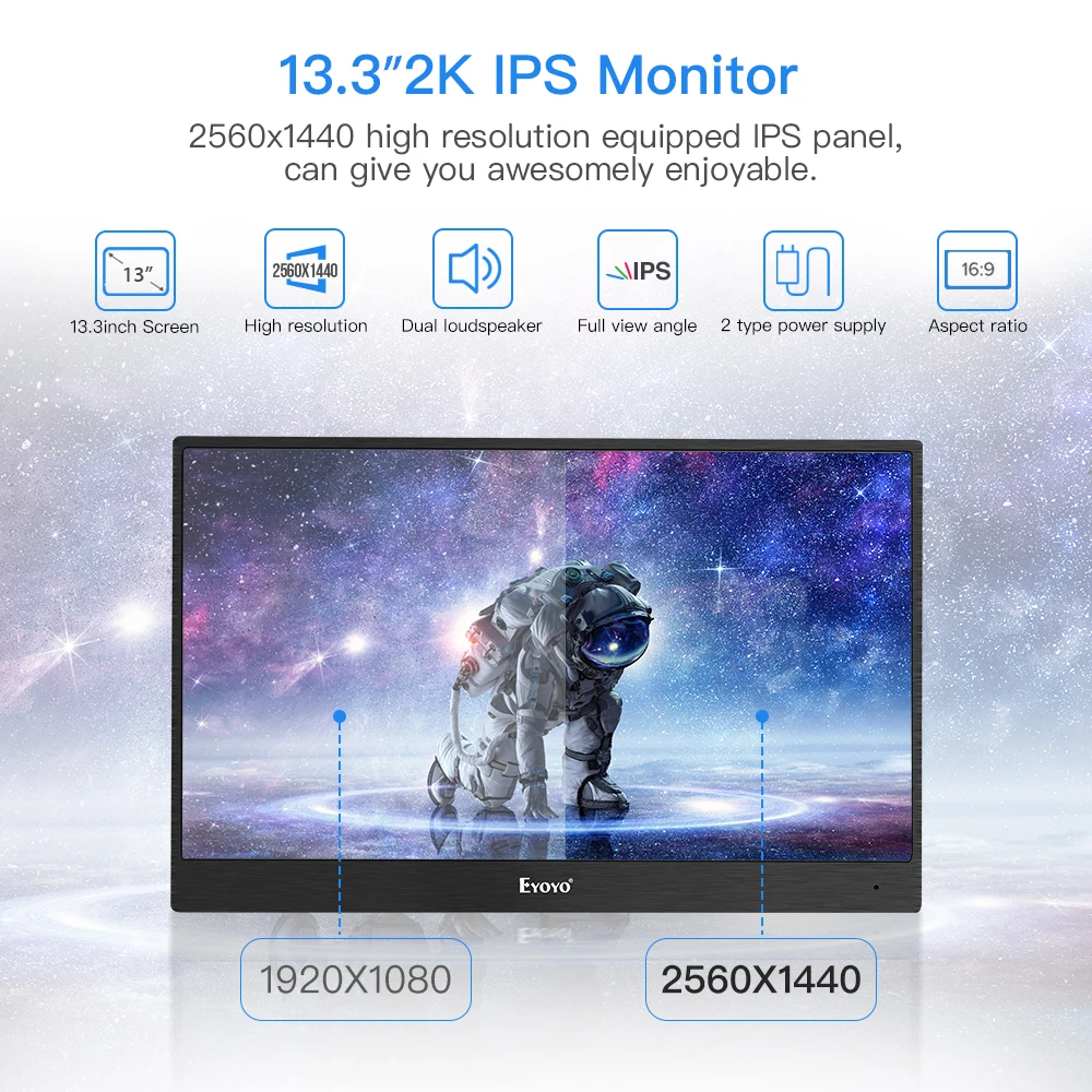 Eyoyo EM13J 13 3 &quot2540x1440 портативный игровой монитор для ПК ips с 4K HDMI входом PS3 PS4 WiiU