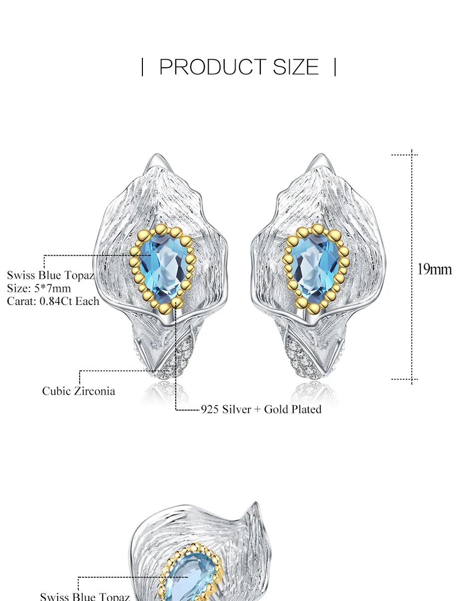 Балетные наборы для женщин, 3.02Ct, натуральный Швейцарский Голубой Топаз, 925 пробы, серебро, ручная работа, Калла, лилия, кольцо, серьги, ювелирные наборы для женщин, вечерние